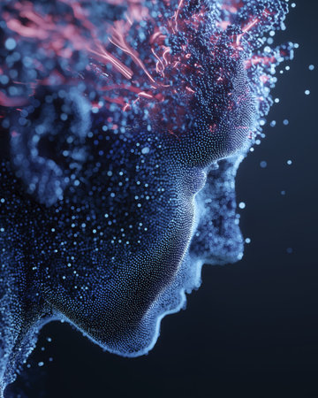 Abstract profile digital face particle art neural network blue dots black background futuristic mood surreal evoking wonderの素材