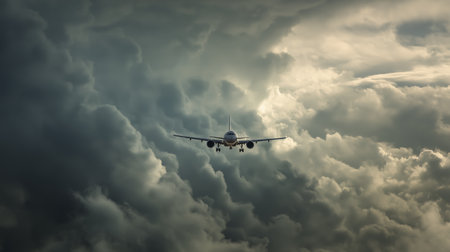 Stormy sky passenger airplane dark cloud dramatic light aviation flight travel turbulence with tense moodの素材