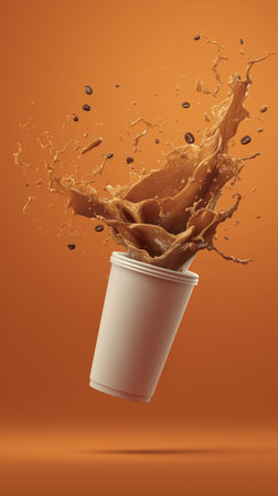 Flying coffee splash cup, takeaway cup, brown liquid, coffee beans, orange background, dynamic motionの素材