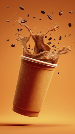Flying coffee splash paper cup espresso beans brown motion drink. Dynamic energy and aroma elevate morning moodの素材