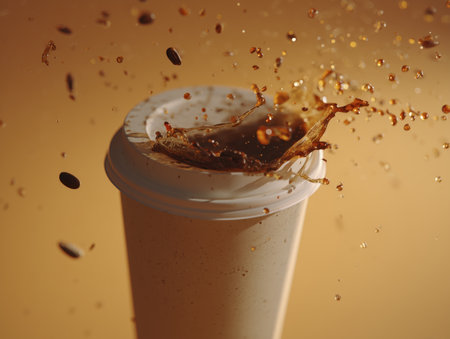White paper cup coffee splash plastic lid brown background flying droplets motion beverage takeawayの素材