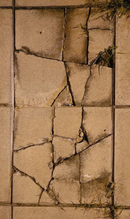Cracked tile broken pavement damaged floor urban decay weathered surface rough texture beige ceramic grass sprout with grittyの写真素材