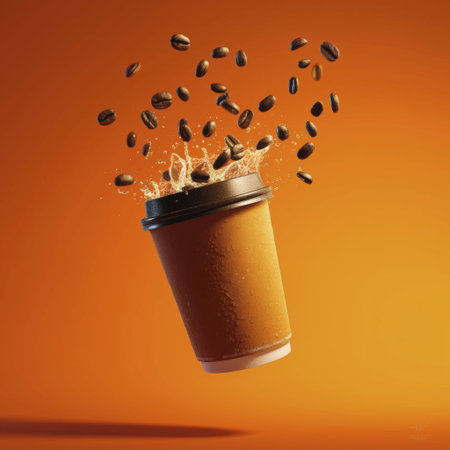 Coffee cup splash roast beans energy vibrant orange background dynamic motionの素材