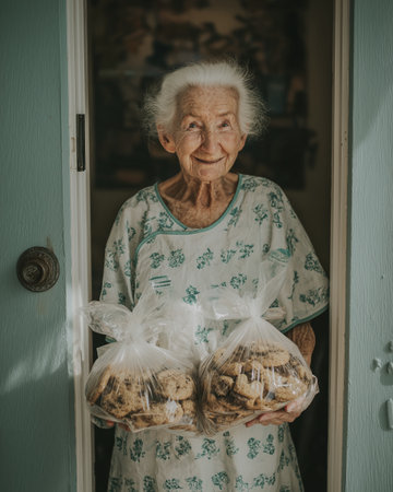Smiling elderly woman homemade cookies plastic bags doorway natural light warm home vibe tender moment cheerfulの素材