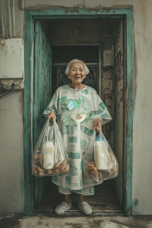 Elderly woman standing in doorway holding groceries plastic bags milk bread teal doorway vintage candid cheerfulの素材