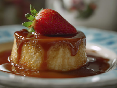 Caramel flan custard dessert strawberry garnish sweet sauce creamy texture macro closeup indulgent treatの素材