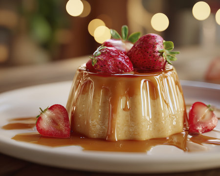 Caramel flan dessert creamy custard strawberry topping sweet sauce close up warm bokeh indulgent mood rustic plateの素材
