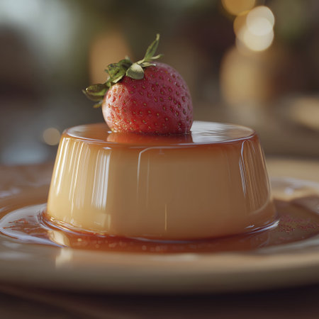 Caramel flan dessert, creamy custard, sugar syrup, fresh strawberry, soft focus, golden light, indulgent moodの素材