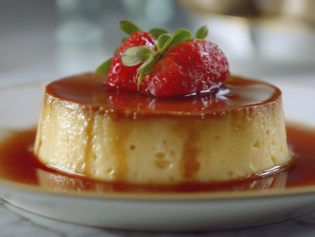 Caramel flan dessert custard strawberry topping creamy texture golden syrup closeup sweet indulgent moodの素材
