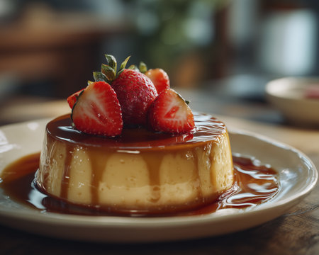 Caramel flan dessert custard strawberry syrup sweet creamy closeup plate with cozy moodの素材