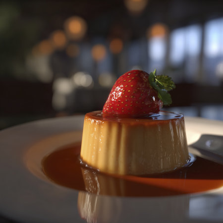 Caramel flan dessert custard creamy sauce strawberry garnish sweetの素材