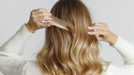 Woman long blonde hair comb wooden comb soft wave cozy sweater calm self care routine with gentle grooming from back viewの素材