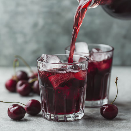 Cherry juice poured over ice in two glasses with fresh cherries creating refreshing deep red drinkの素材