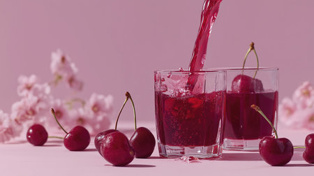 Cherry juice pouring into two glasses with fresh cherries and pink floral background, vibrant refreshing beverage sceneの素材