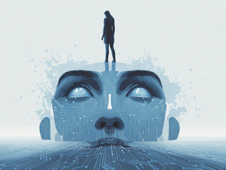 Woman standing on giant artificial intelligence head with circuitry and reflective eyes expressing wonderの素材