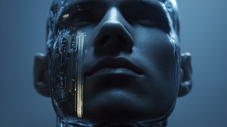 Futuristic male portrait with electronic circuitry integrated into skin, dramatic blue lighting and contemplative moodの素材