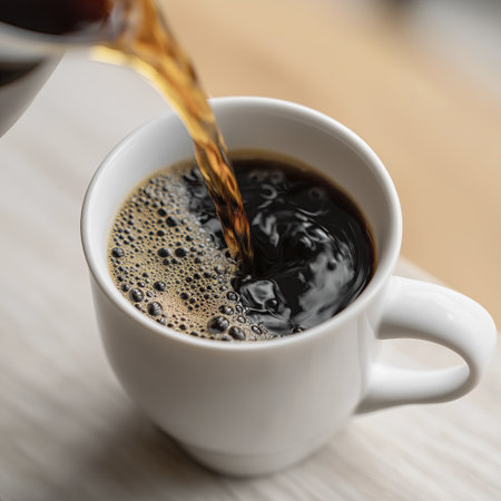 Fresh black coffee being poured into white ceramic mug creating foam and steam, warm cozy morning beverageの素材