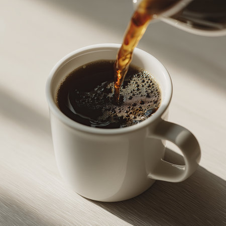 Fresh black coffee pouring into white mug on wooden table with warm light and steamの素材