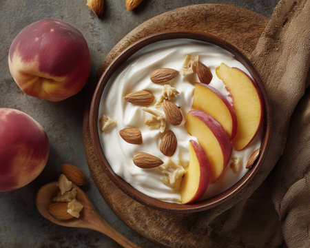 Creamy yogurt with peach slices and almonds in wooden bowl, fresh fruit and nuts, rustic breakfast sceneの素材