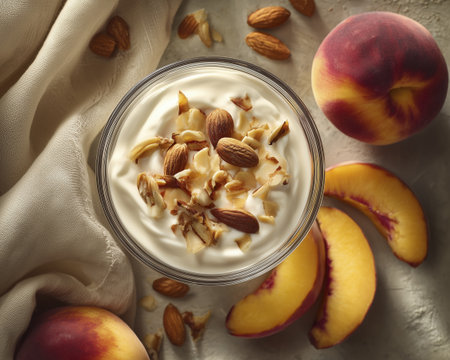 Creamy yogurt with sliced peach and almond topping, natural breakfast bowl, warm soft lighting, fresh fruit and nutsの素材