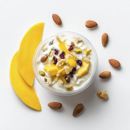Fresh mango yogurt with nuts and dried berry garnish, creamy breakfast bowl with sliced mango and crunchy almondの素材