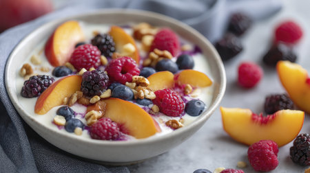 Fresh bowl of yogurt with mixed berries, sliced peach, walnut and blueberry swirl, vibrant healthy breakfast delightの素材