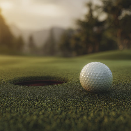 Golf ball above hole on green at sunset, close up of textured ball and manicured grassの素材