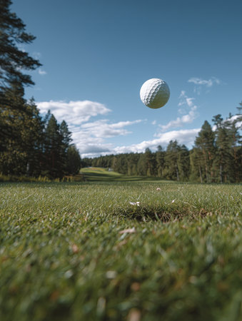 Golf ball in midair over tee grass, sunny golf course landscape with trees and blue skyの素材