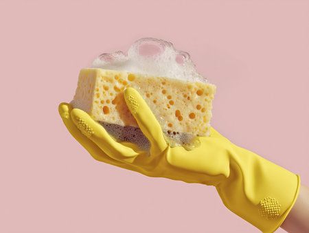 Yellow glove cleaning sponge soap foam close up pastel background hygiene household minimalの素材