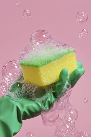 Green glove cleaning sponge soap bubbles pink background foam hygieneの素材