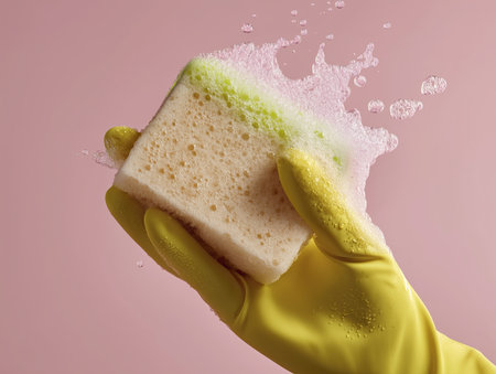 Yellow glove cleaning sponge soap foam pink background close up hygiene wet surface bubblesの素材