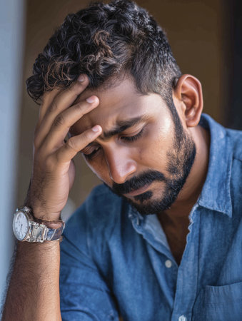 Worried man beard curly hair denim shirt hand head wristwatch thoughtful mood natural light worried man with beard, curly hairの素材