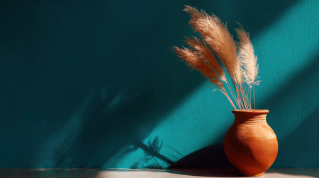Minimalist teal wall terracotta vase pampas grass sunlight shadow calm interior decorの素材