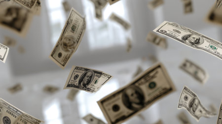 Flying money dollar banknote cash currency finance wealth wind motion fill airy room dramatic blur abundance vibeの素材
