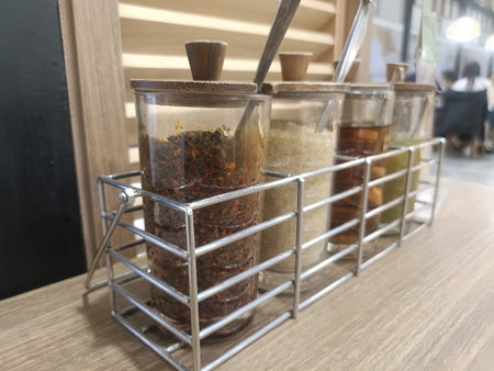 Spice jar sugar jar condiment set glass container wooden lid metal rack cafe table cozy
