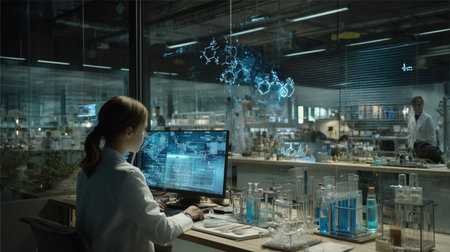 Female scientist modern laboratory computer screen hologram chemical formula research night glassware Enthusiastic researcherの素材