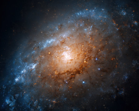 Spiral galaxy cosmic nebula orange blue glow star cluster deep space dust cloud luminous core aweの素材
