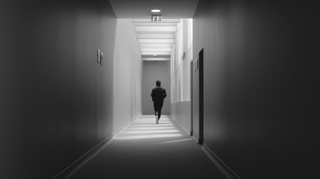 Silhouette runner hallway empty modern monochrome long corridor backlit dramatic motionの素材