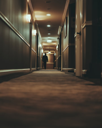 Lonely corridor empty hallway man silhouette moody lighting soft focus warm tones perspective depth nightの素材