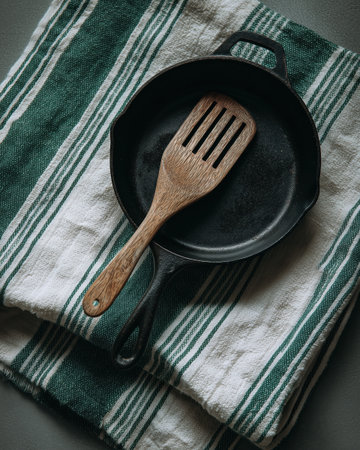 Cast iron pan wooden spatula kitchen towel rustic cooking tool vintage style cozy moodの素材