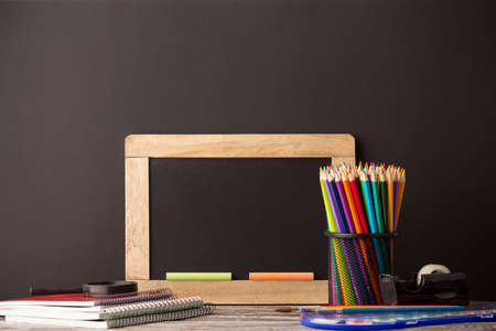 back to school, school supplies on wooden backgroundの写真素材