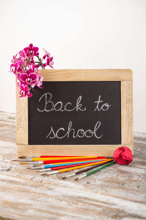 back to school, school supplies on wooden backgroundの写真素材