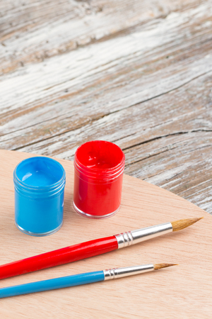 watercolor painting, special painting tools on wooden backgroundの写真素材