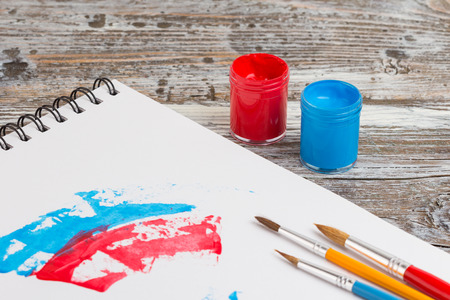 watercolor painting, special painting tools on wooden backgroundの写真素材