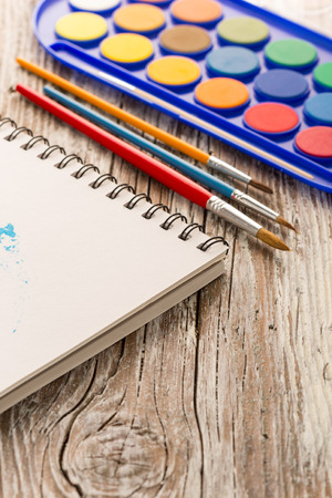 watercolor painting, special painting tools on wooden backgroundの写真素材