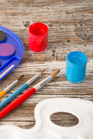 special painting tools on wooden background, education tools for schoolsの写真素材