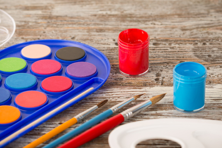 special painting tools on wooden background, education tools for schoolsの写真素材