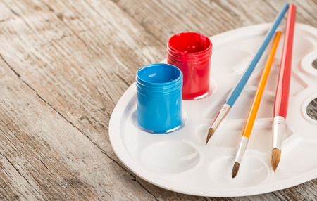 special painting tools on wooden background, education tools for schoolsの写真素材