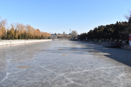 Frozen river at Tian'anmen Square near the Forbidden City in Beijing, Chinaの写真素材
