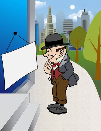 illustration of a cartoon man looking at an empty advertisement posterの写真素材